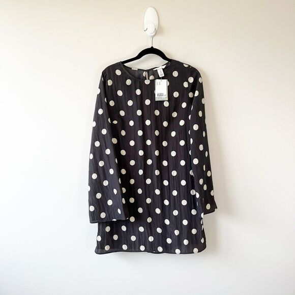 H&M Crinkled Polka Dot Mini Dress Black and White Retro Chic Size Medium NWT’s - Picture 2 of 9